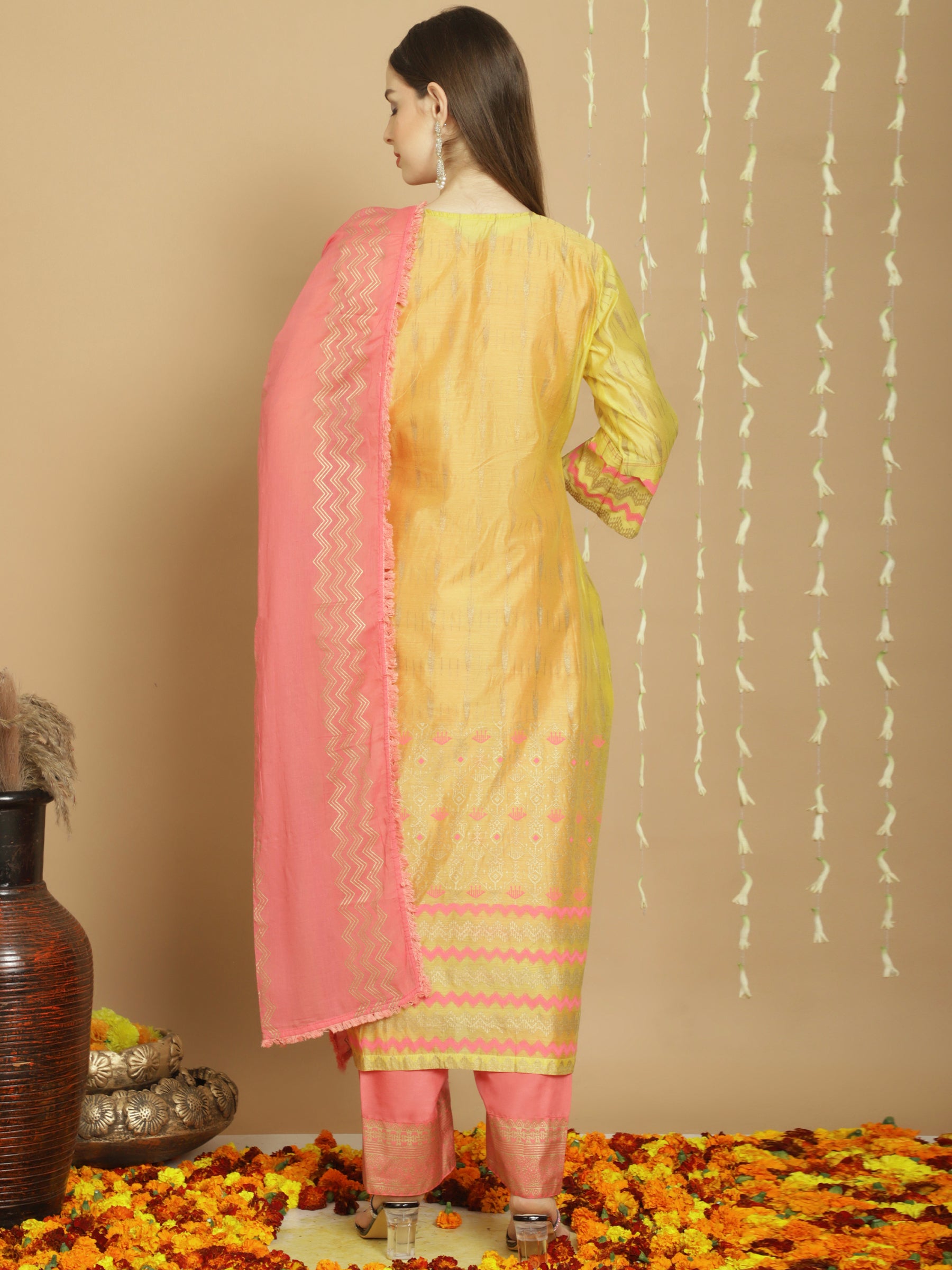 Mustard Colored Art Silk Embroidered  Salwar Suit With Pant Dupatta