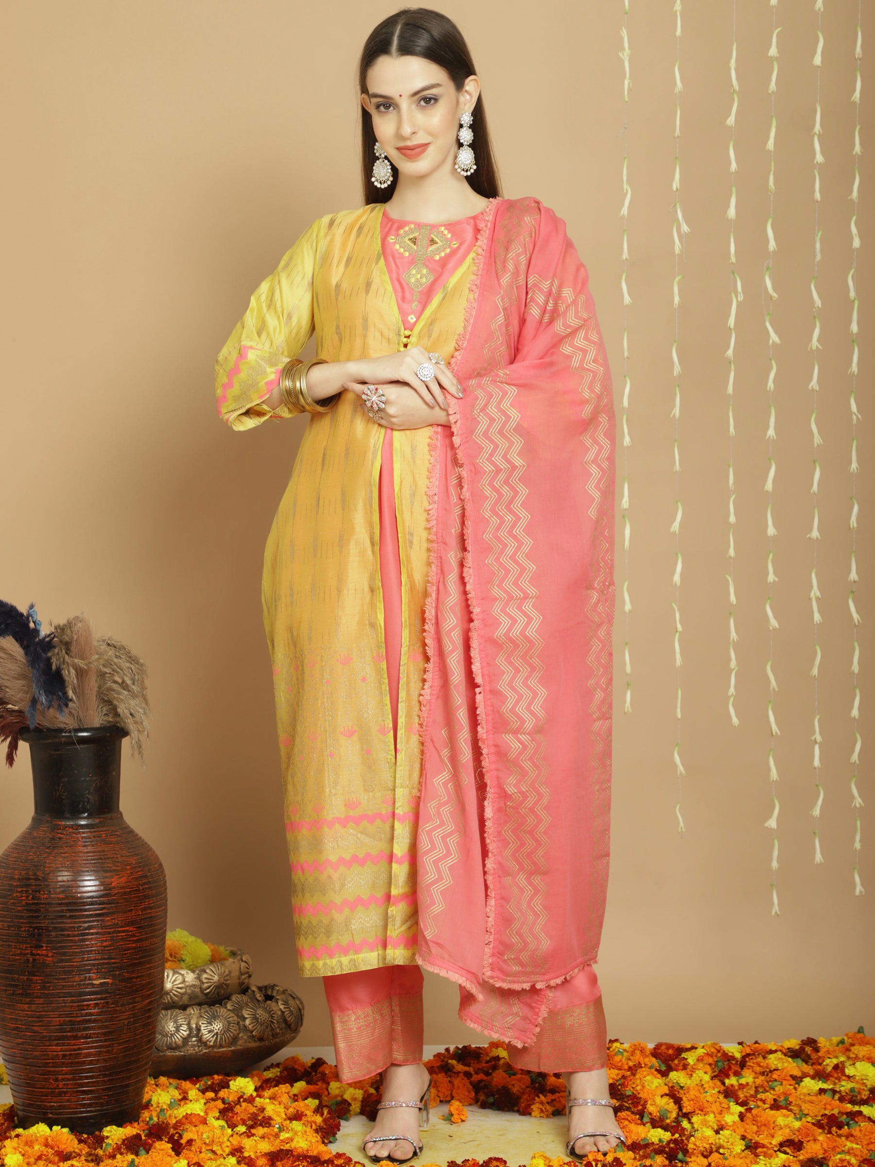 Mustard Colored Art Silk Embroidered  Salwar Suit With Pant Dupatta