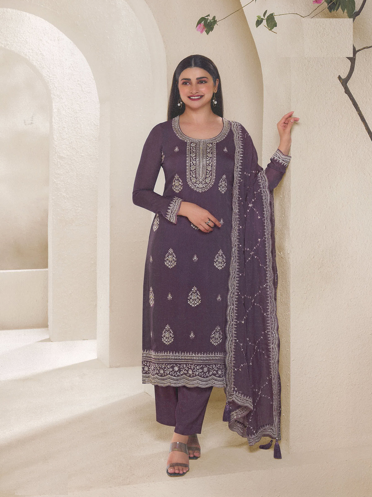 Lavender Organza Embroidery Salwar Suit With Pant Dupatta