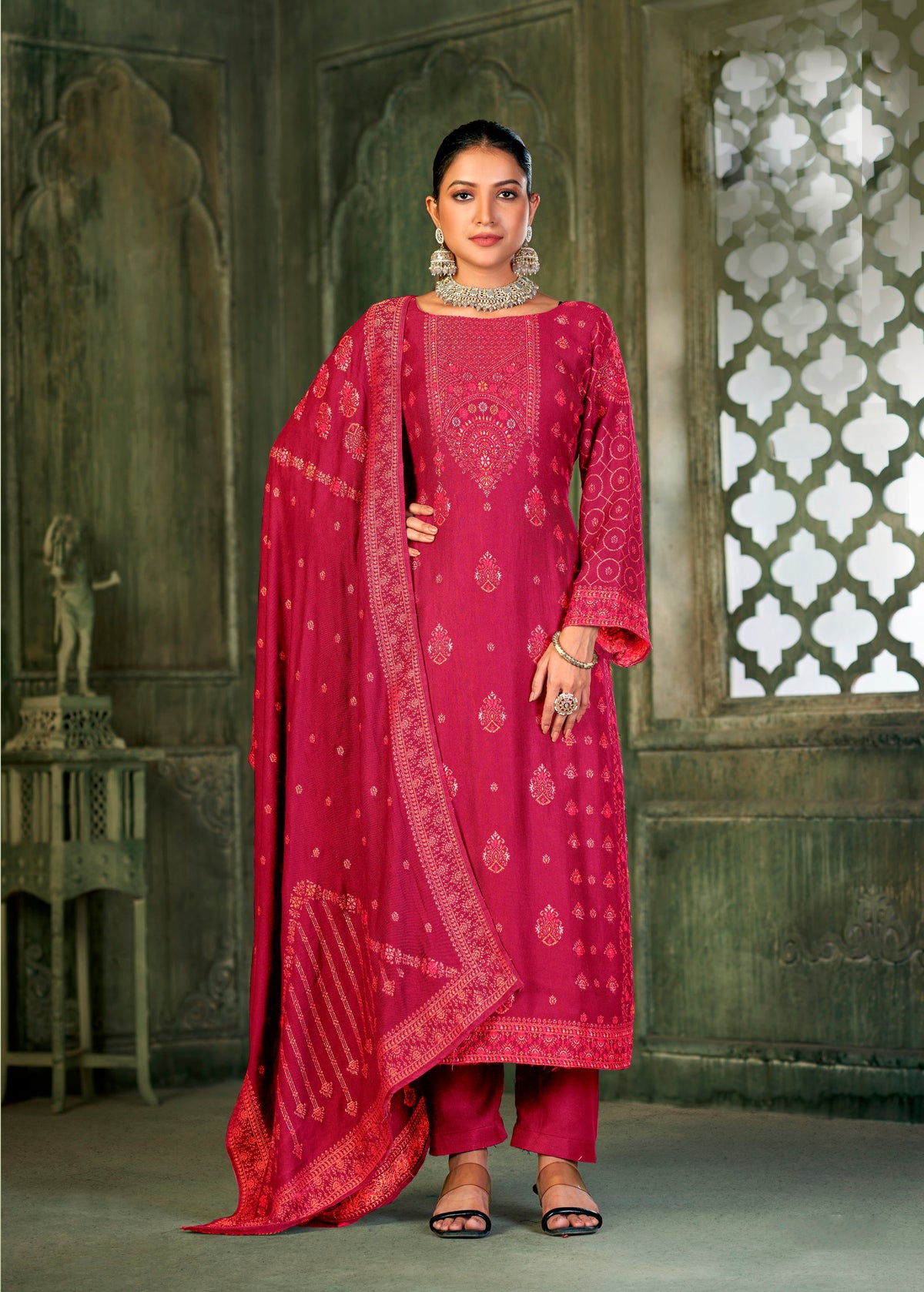 Red Colored Viscose Pashmina  Designer Embroidered Salwar Suit With Pant Dupatta