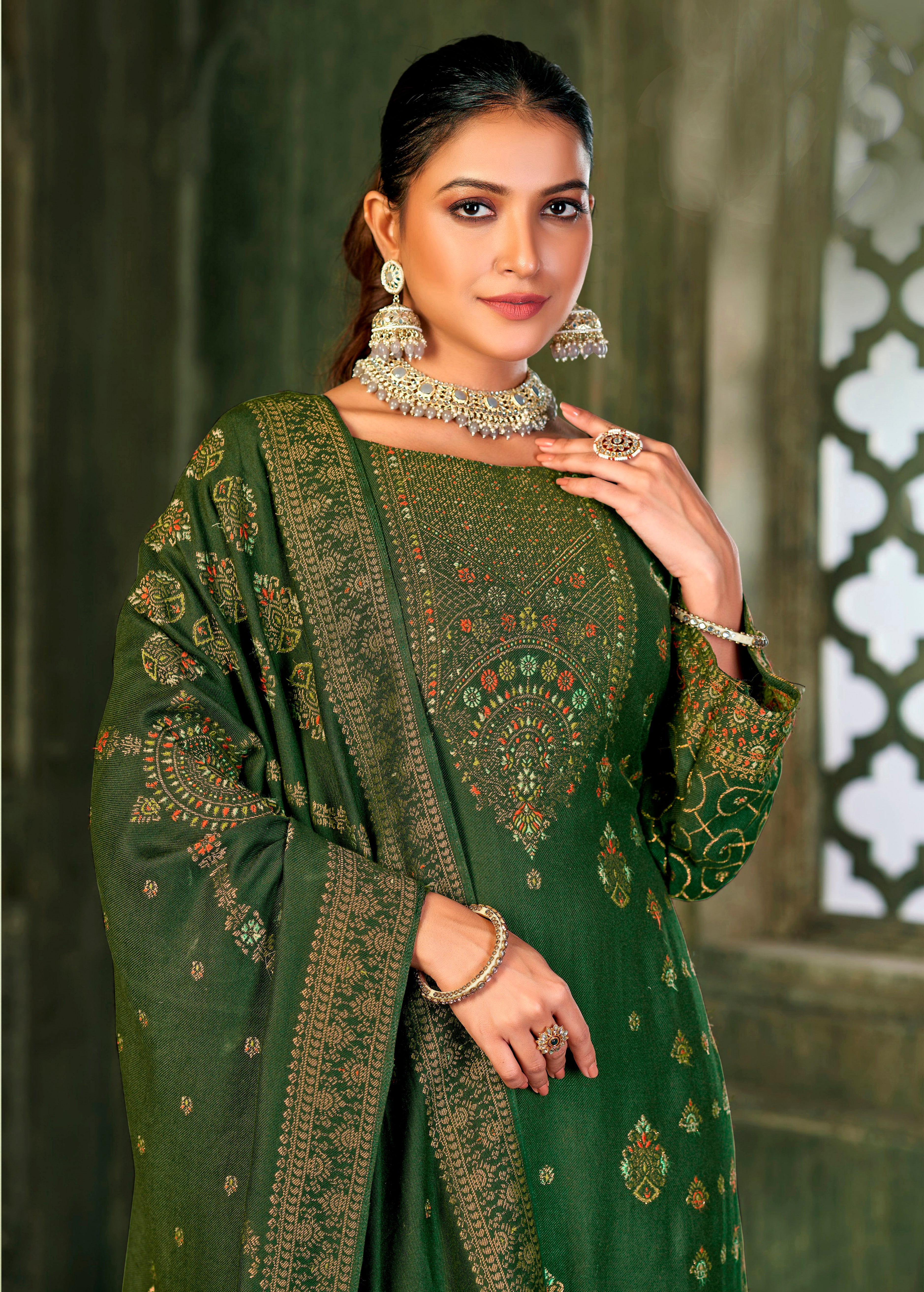 Green Colored Viscose Pashmina  Designer Embroidered  Salwar Suit With Pant Dupatta