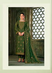 Green Colored Viscose Pashmina  Designer Embroidered  Salwar Suit With Pant Dupatta