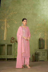 Pink Colored Georgette Embroidered Salwar Suit With Pant Dupatta