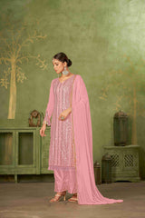 Pink Colored Georgette Embroidered Salwar Suit With Pant Dupatta