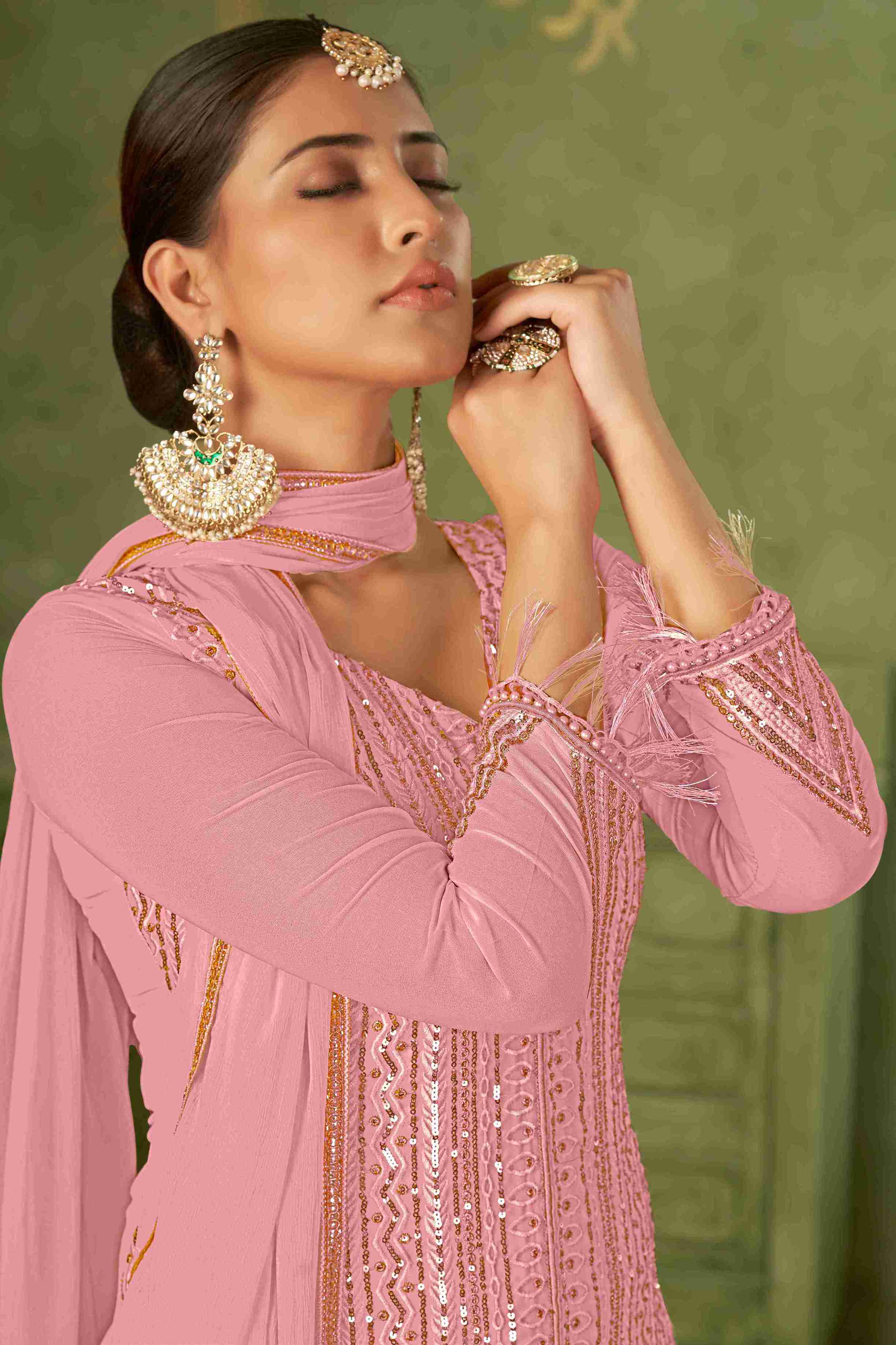 Pink Colored Georgette Embroidered Salwar Suit With Pant Dupatta