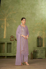 Purple Colored Georgette Embroidered Salwar Suit With Pant Dupatta