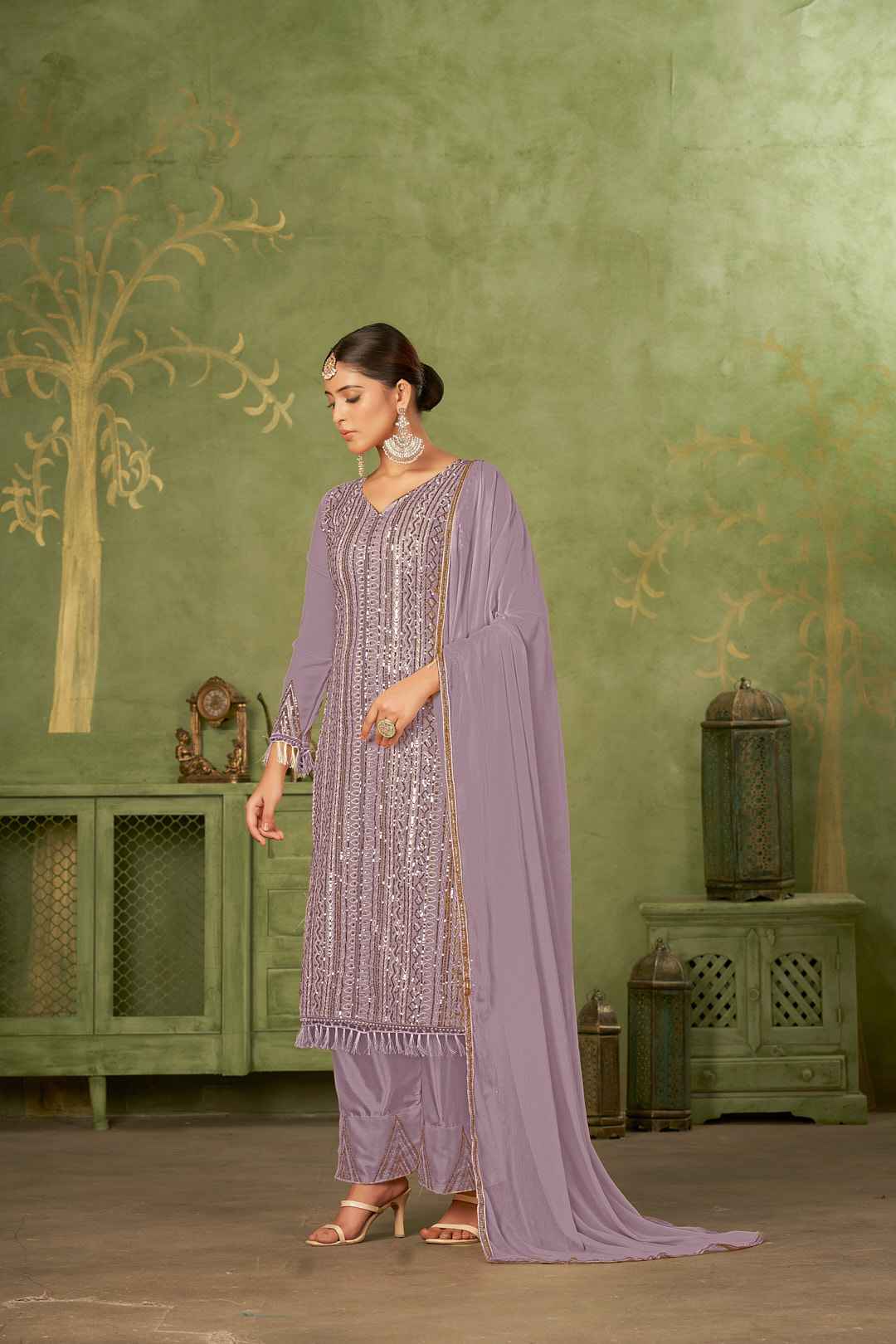 Purple Colored Georgette Embroidered Salwar Suit With Pant Dupatta