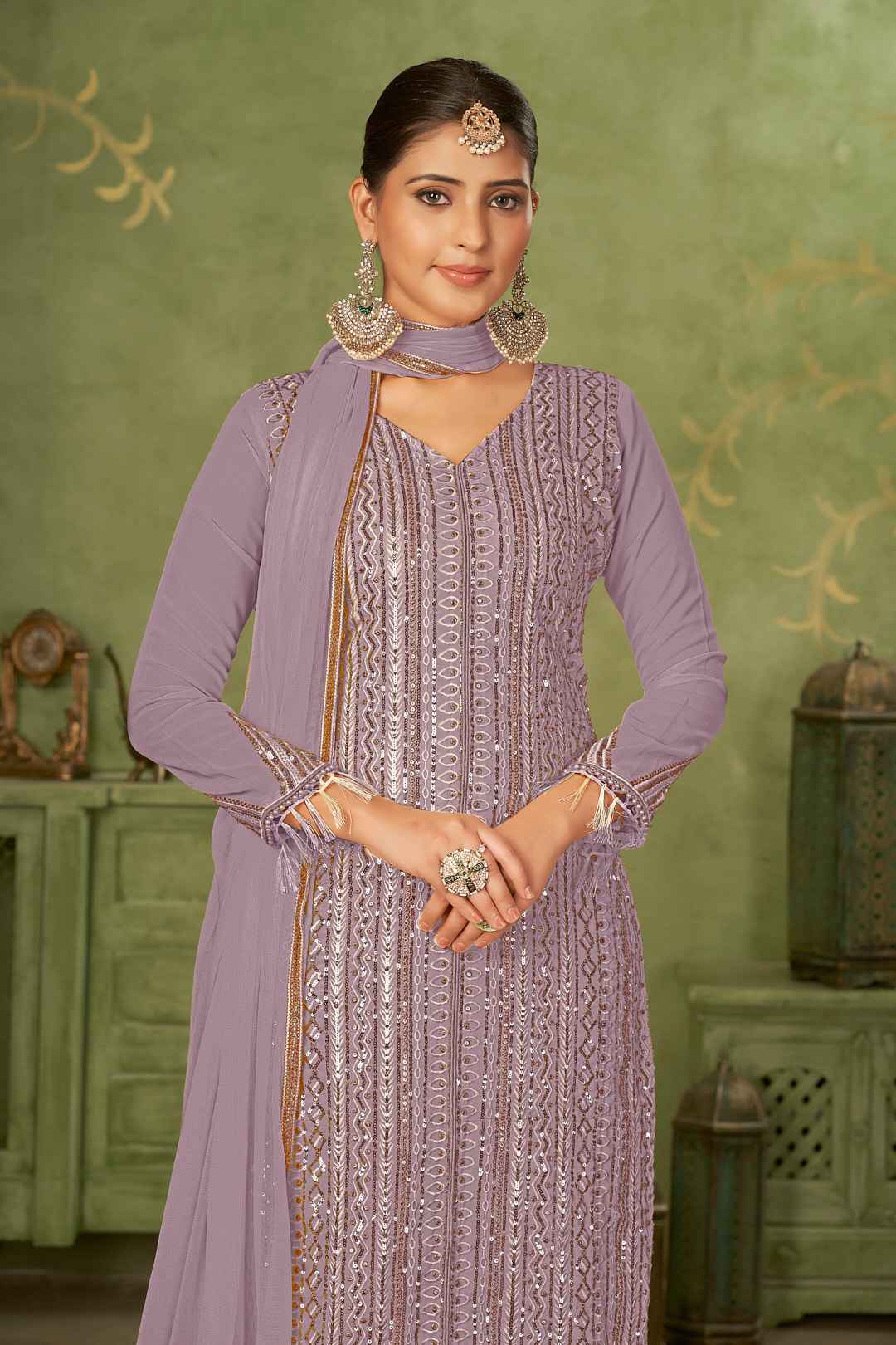 Purple Colored Georgette Embroidered Salwar Suit With Pant Dupatta