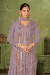 Purple Colored Georgette Embroidered Salwar Suit With Pant Dupatta