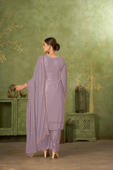 Purple Colored Georgette Embroidered Salwar Suit With Pant Dupatta