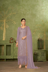 Purple Colored Georgette Embroidered Salwar Suit With Pant Dupatta