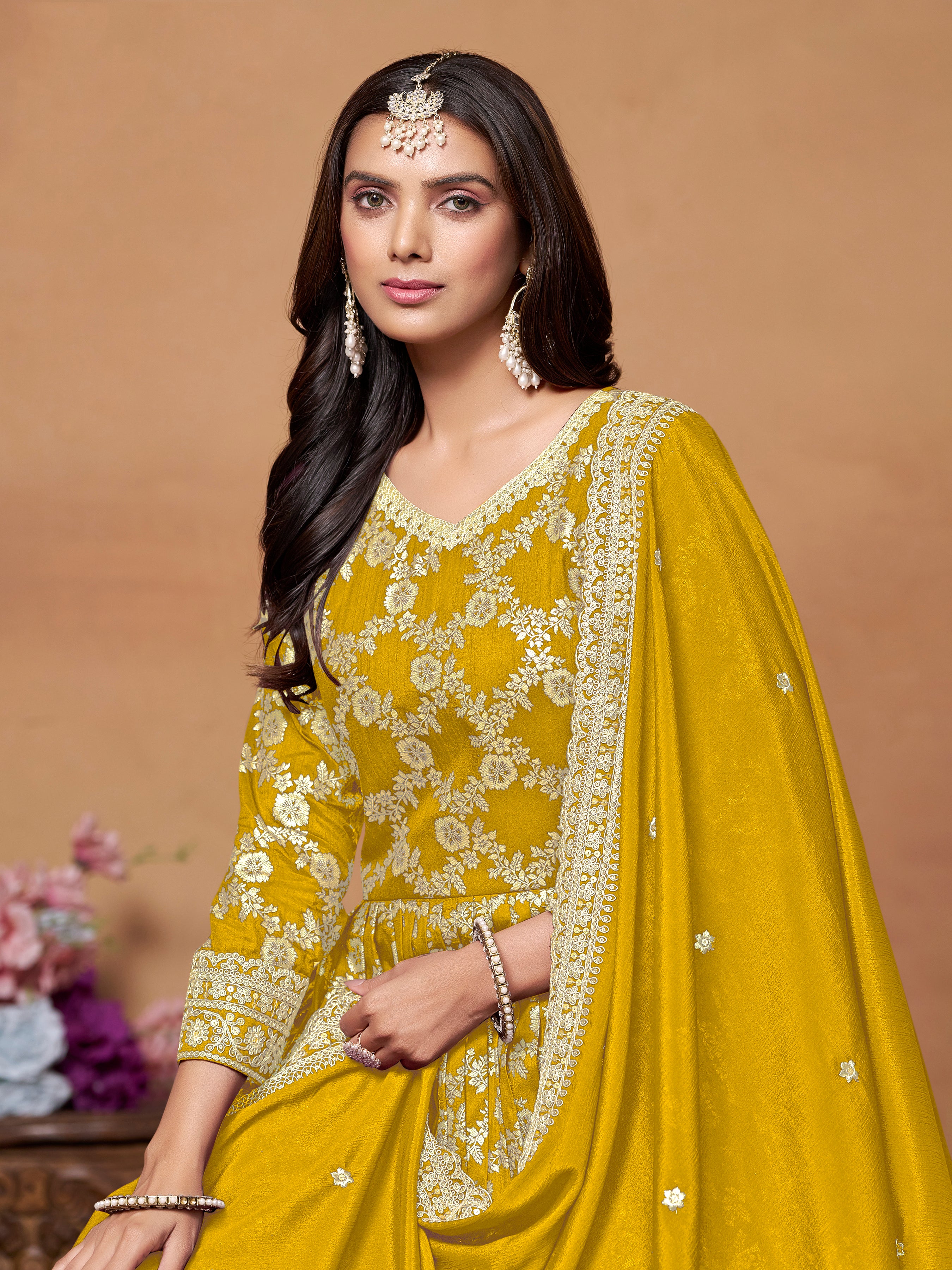 Yellow Colored Jacquard Embroidered Anarkali Gown With Pant Dupatta