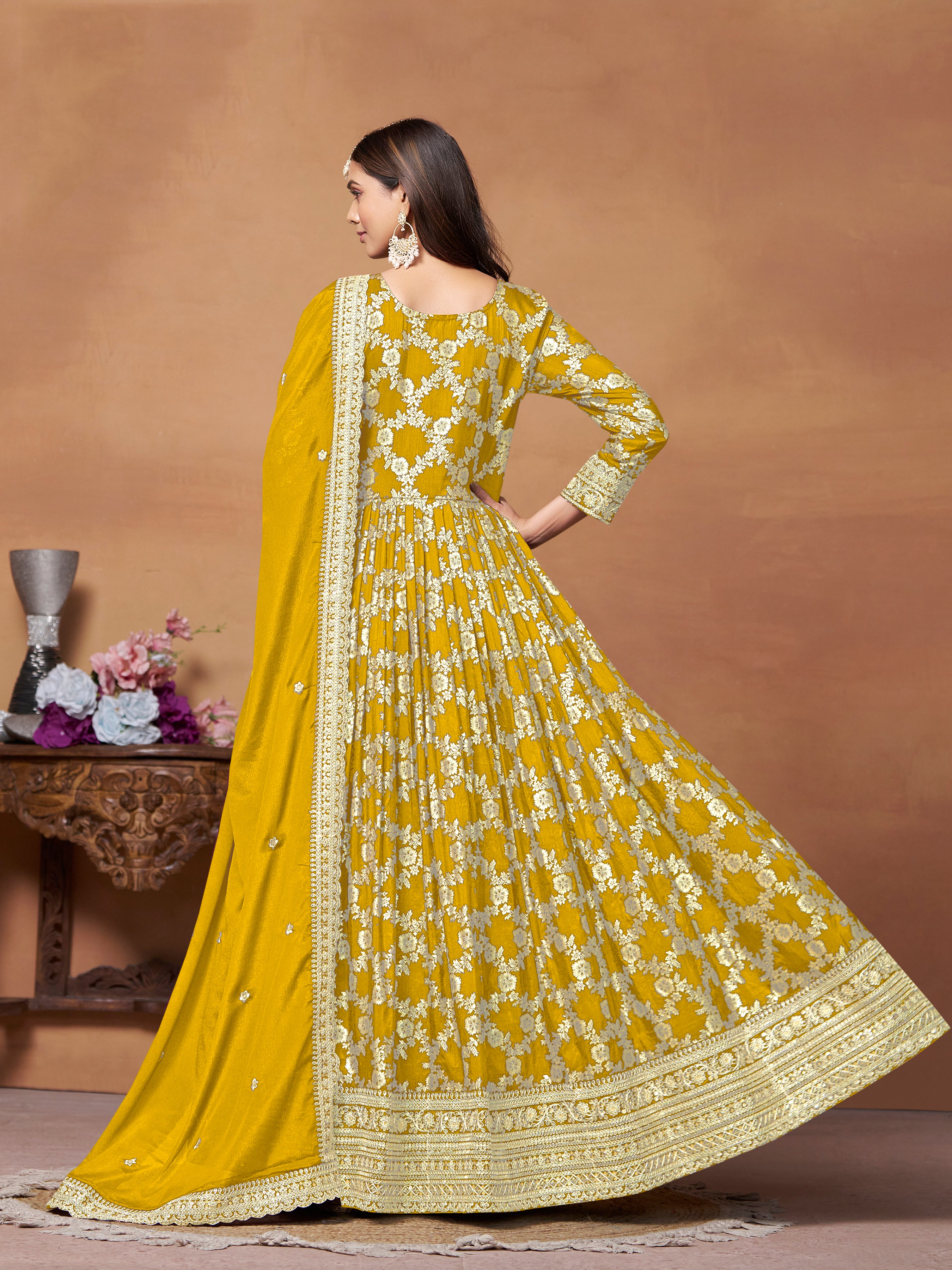 Yellow Colored Jacquard Embroidered Anarkali Gown With Pant Dupatta