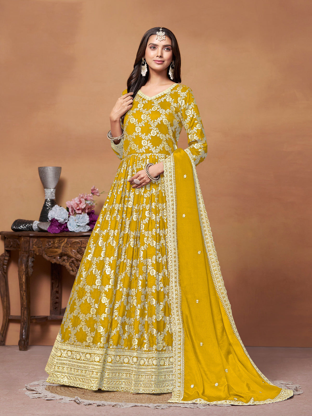 Yellow Colored Jacquard Embroidered Anarkali Gown With Pant Dupatta