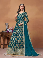 Blue Jacquard Embroidered Anarkali Salwar Suit With Pant Dupatta