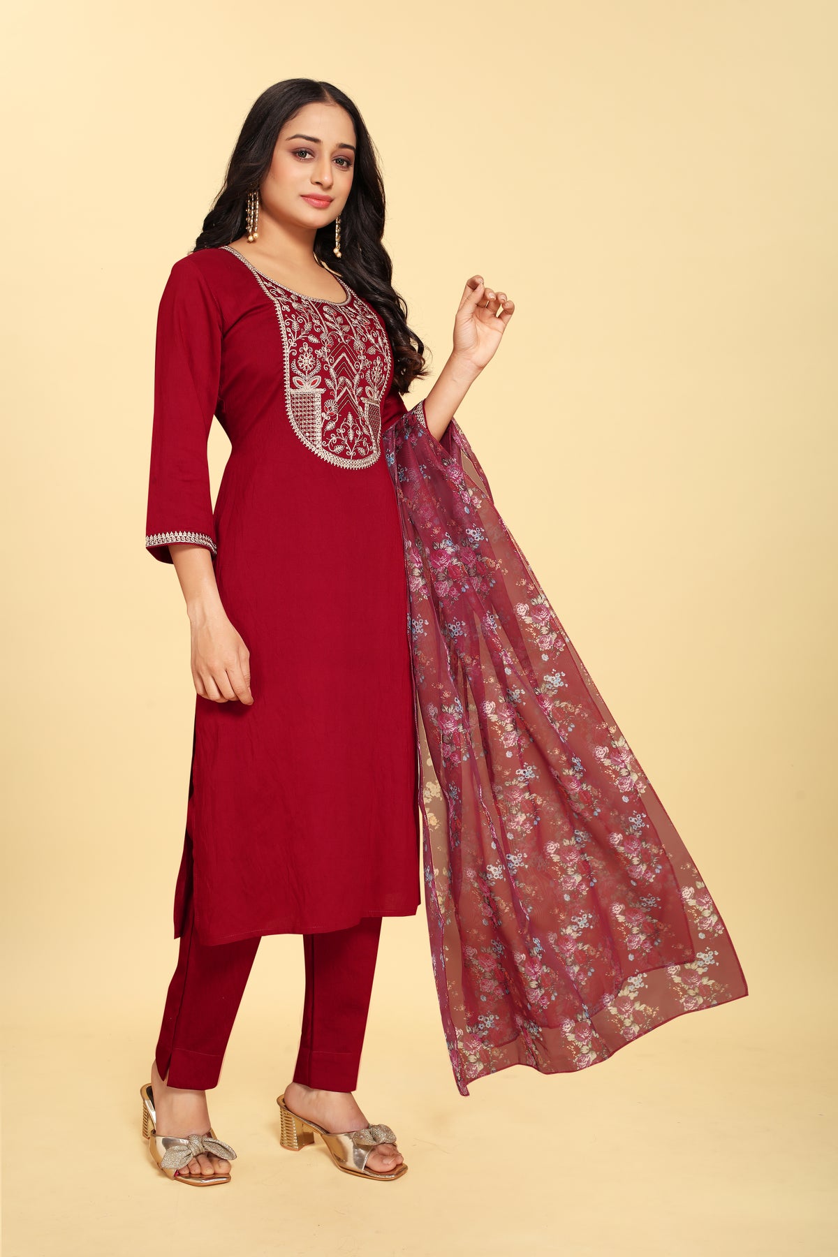 Red Colored Silk Embroidered Salwar Suit With Pant Dupatta