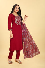 Red Colored Silk Embroidered Salwar Suit With Pant Dupatta