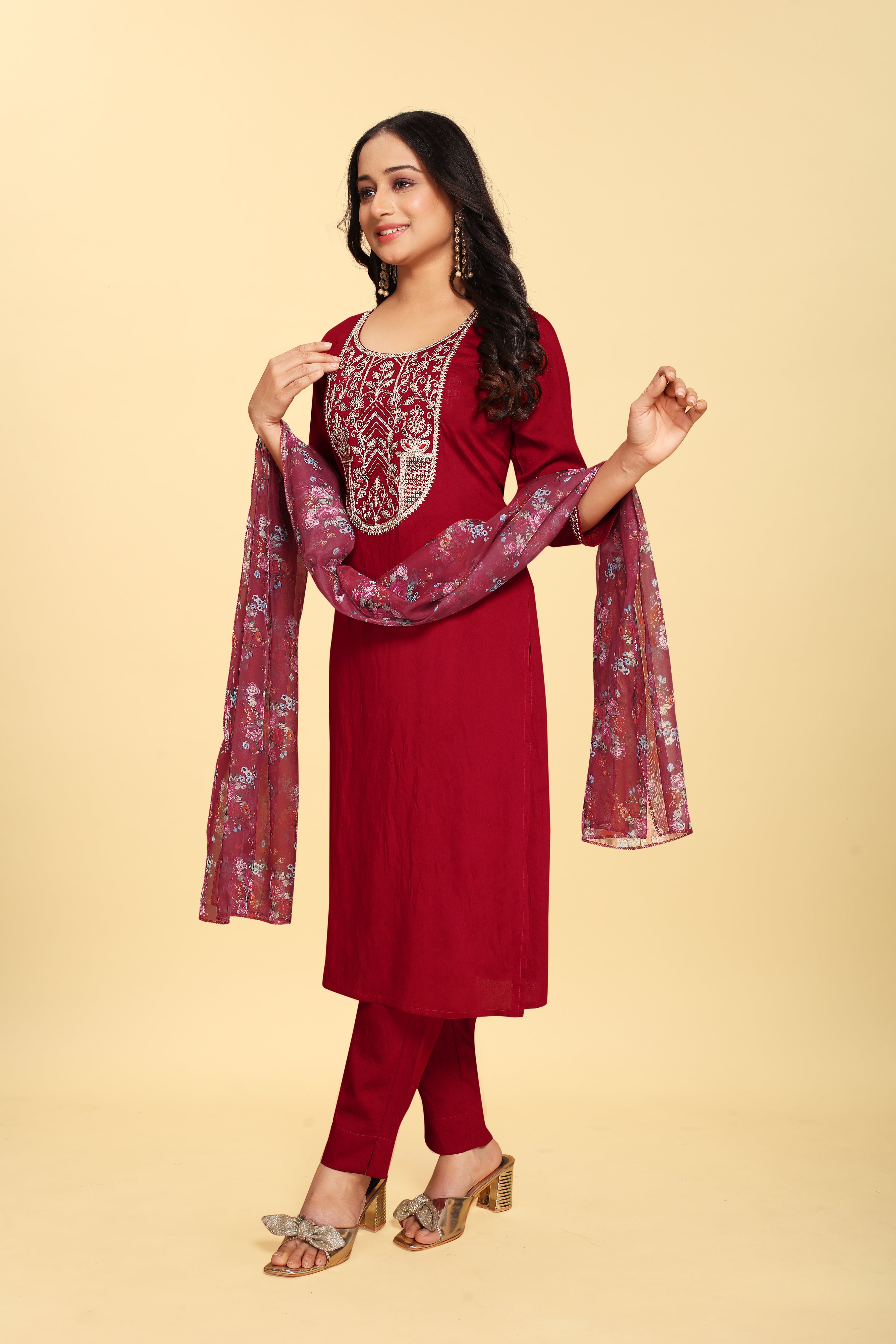 Red Colored Silk Embroidered Salwar Suit With Pant Dupatta