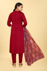 Red Colored Silk Embroidered Salwar Suit With Pant Dupatta