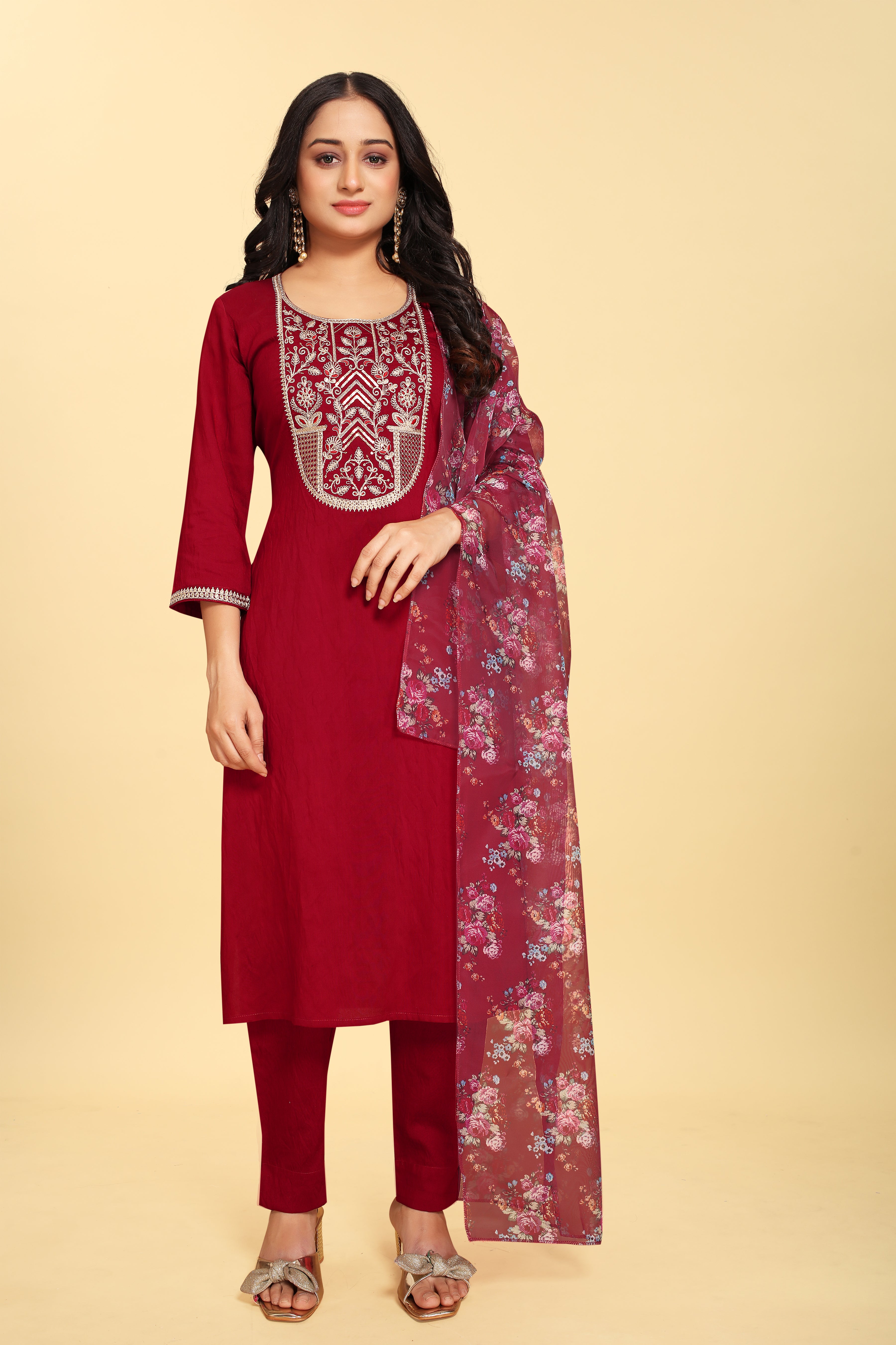 Red Colored Silk Embroidered Salwar Suit With Pant Dupatta