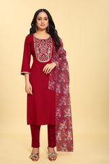 Red Colored Silk Embroidered Salwar Suit With Pant Dupatta