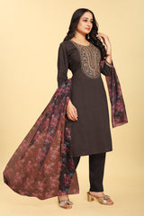 Black Colored Silk Embroidered Salwar Suit With Pant Dupatta