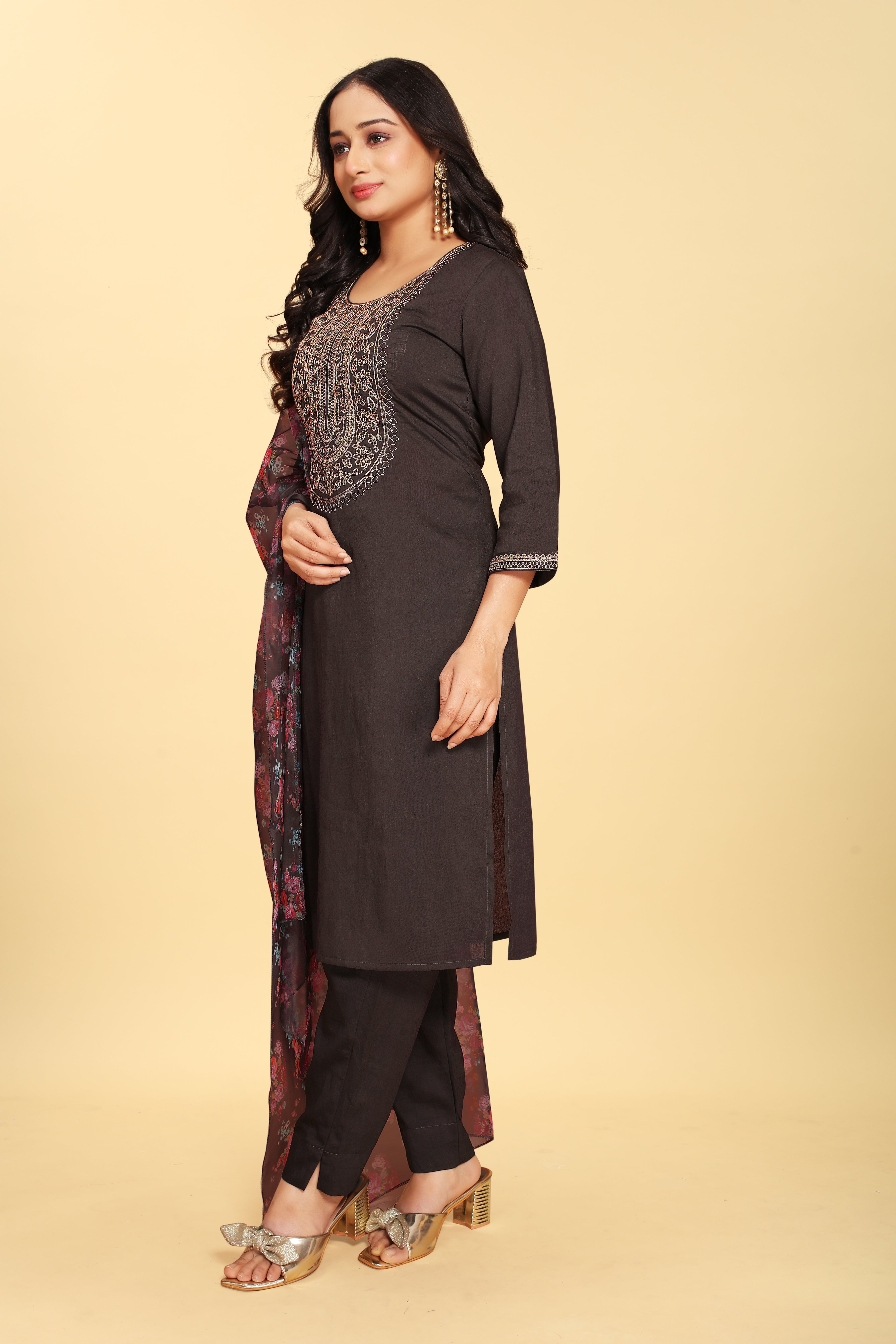 Black Silk Embroidered Salwar Suit With Pant Dupatta