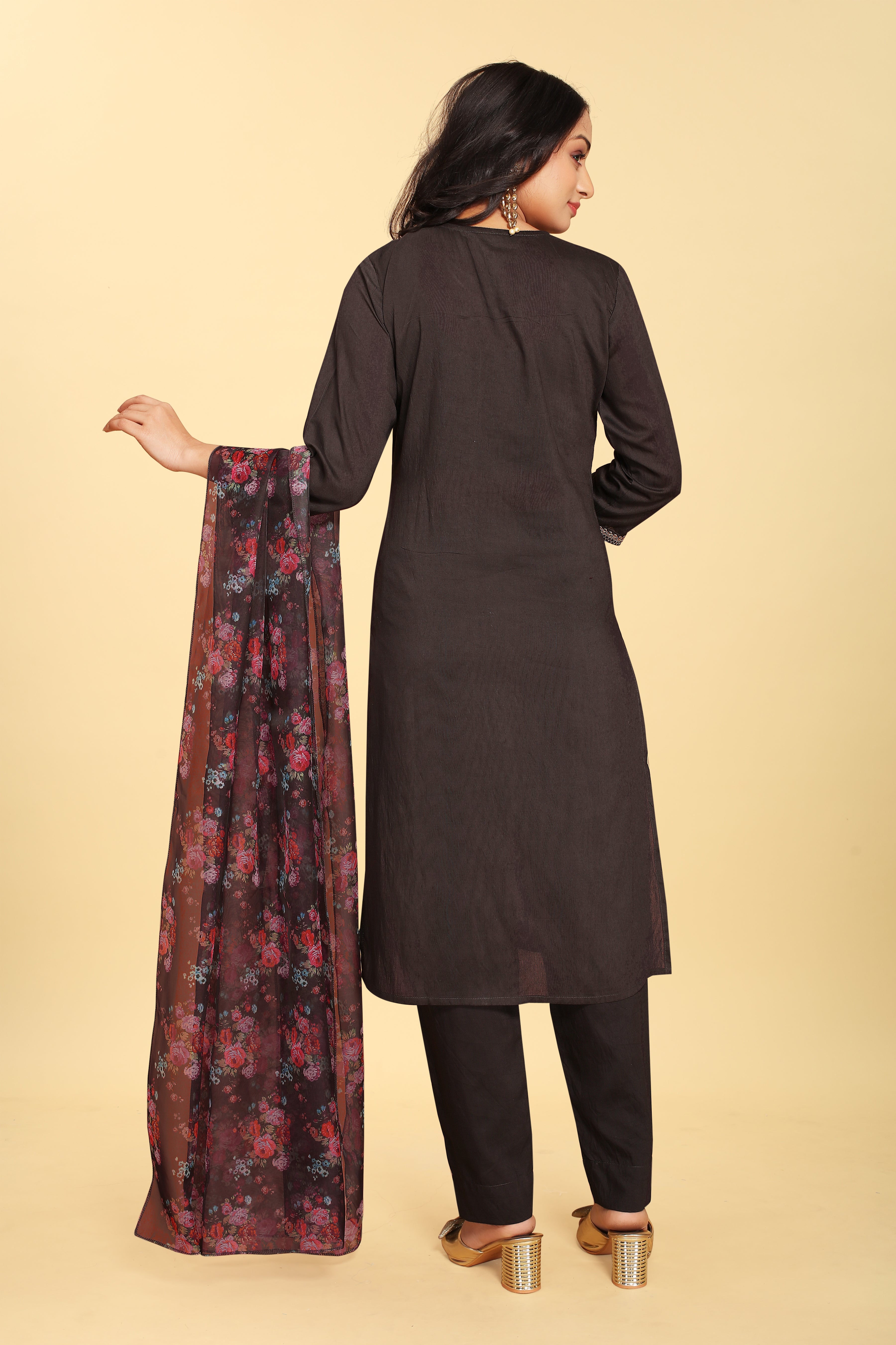 Black Silk Embroidered Salwar Suit With Pant Dupatta