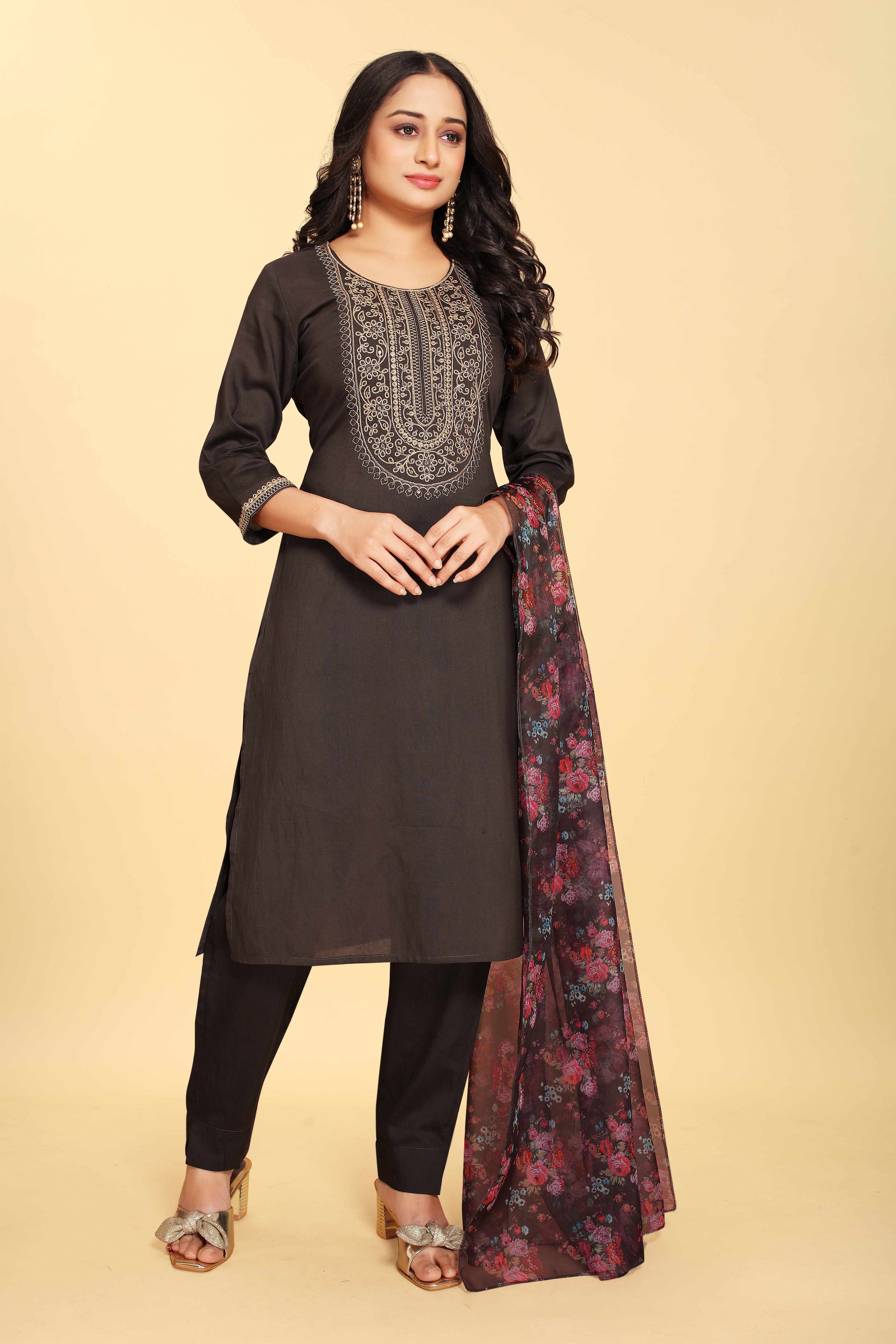 Black Colored Silk Embroidered Salwar Suit With Pant Dupatta