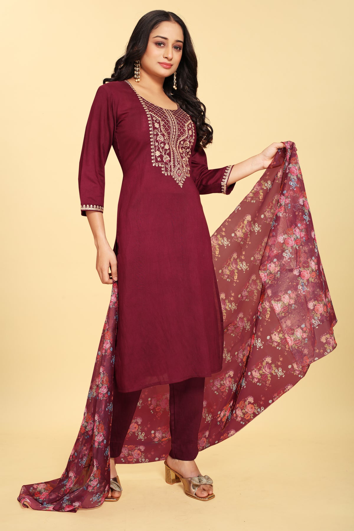 Wine Silk Embroidered Salwar Suit With Pant Dupatta