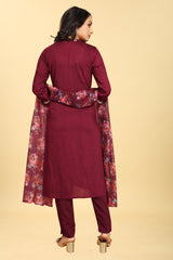 Wine Silk Embroidered Salwar Suit With Pant Dupatta