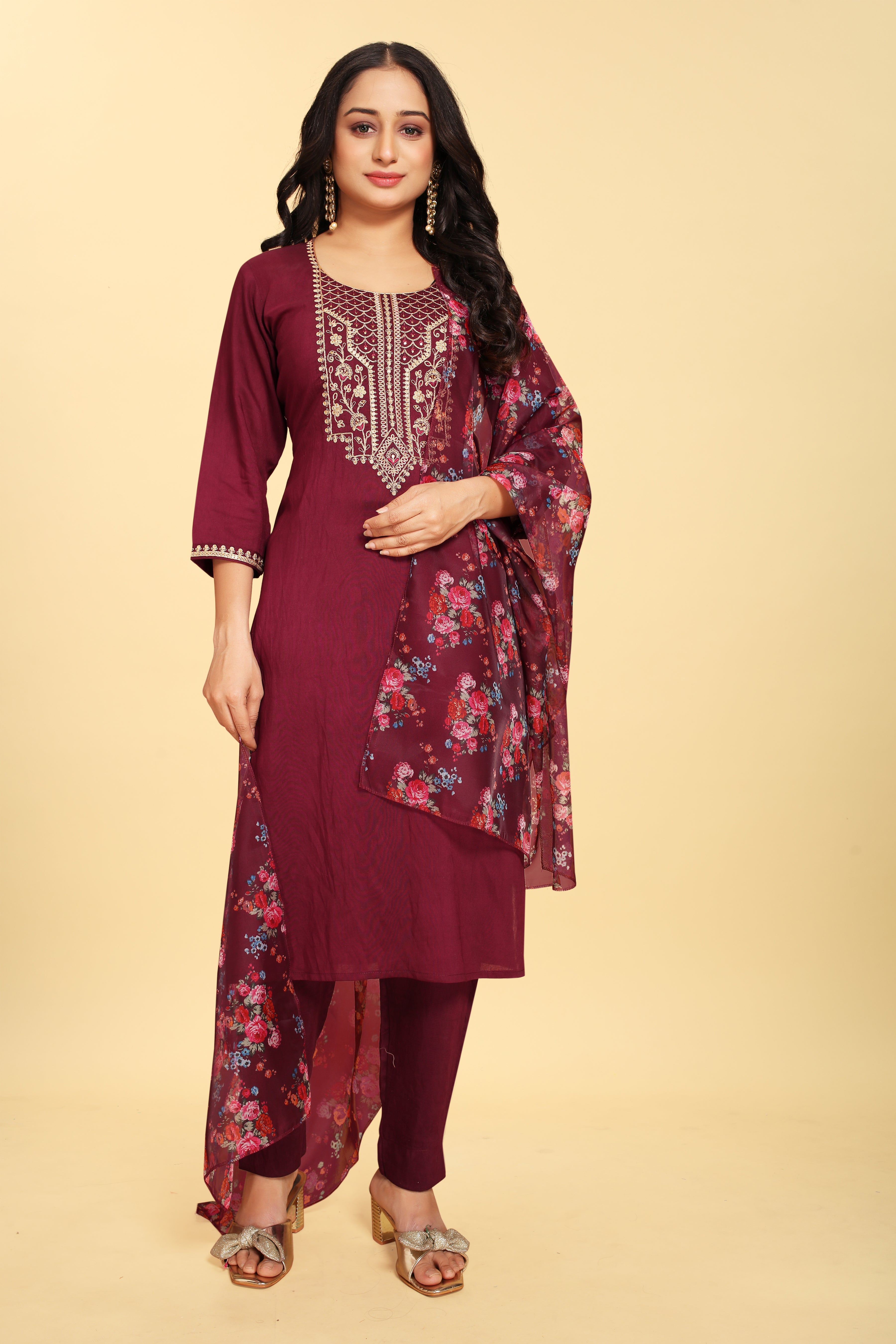 Wine Silk Embroidered Salwar Suit With Pant Dupatta