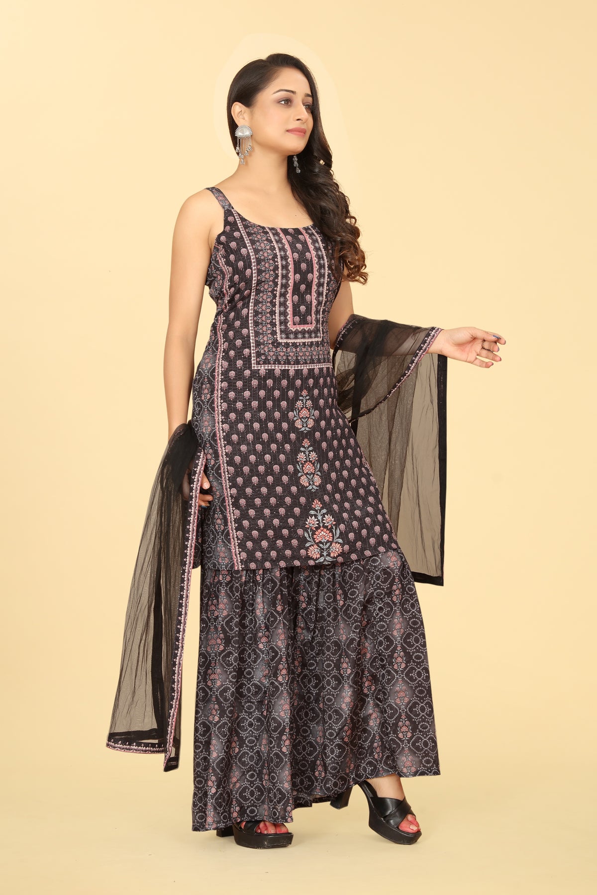 Black Viscose Chinon Digital Printed Sharara Salwar Suit With Dupatta