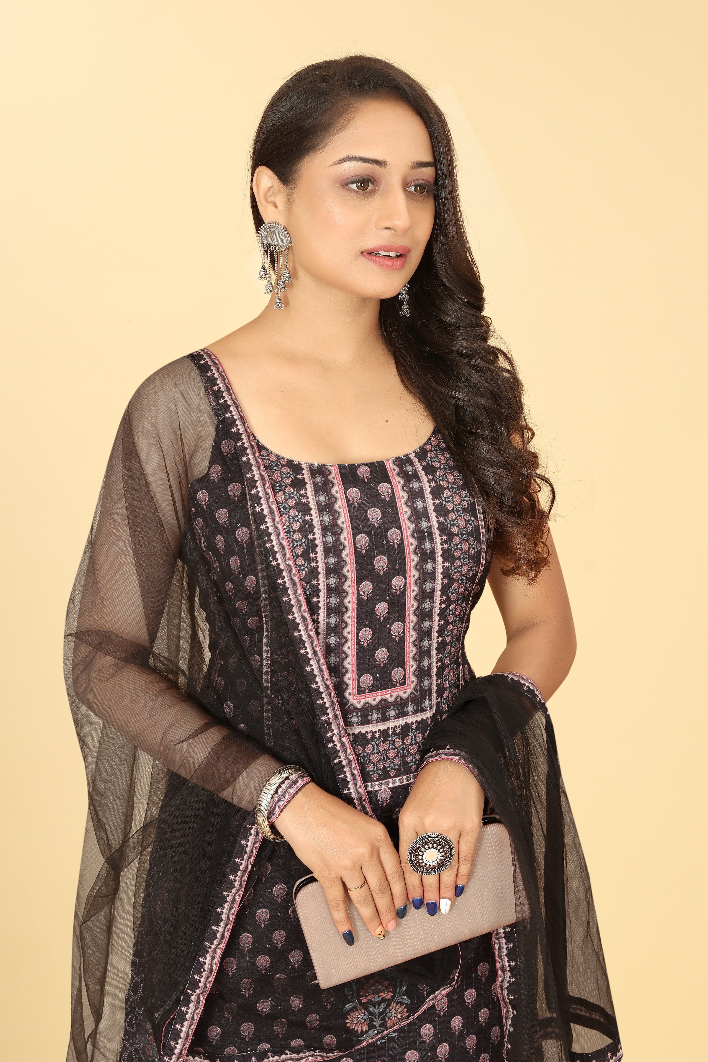 Black Viscose Chinon Digital Printed Sharara Salwar Suit With Dupatta