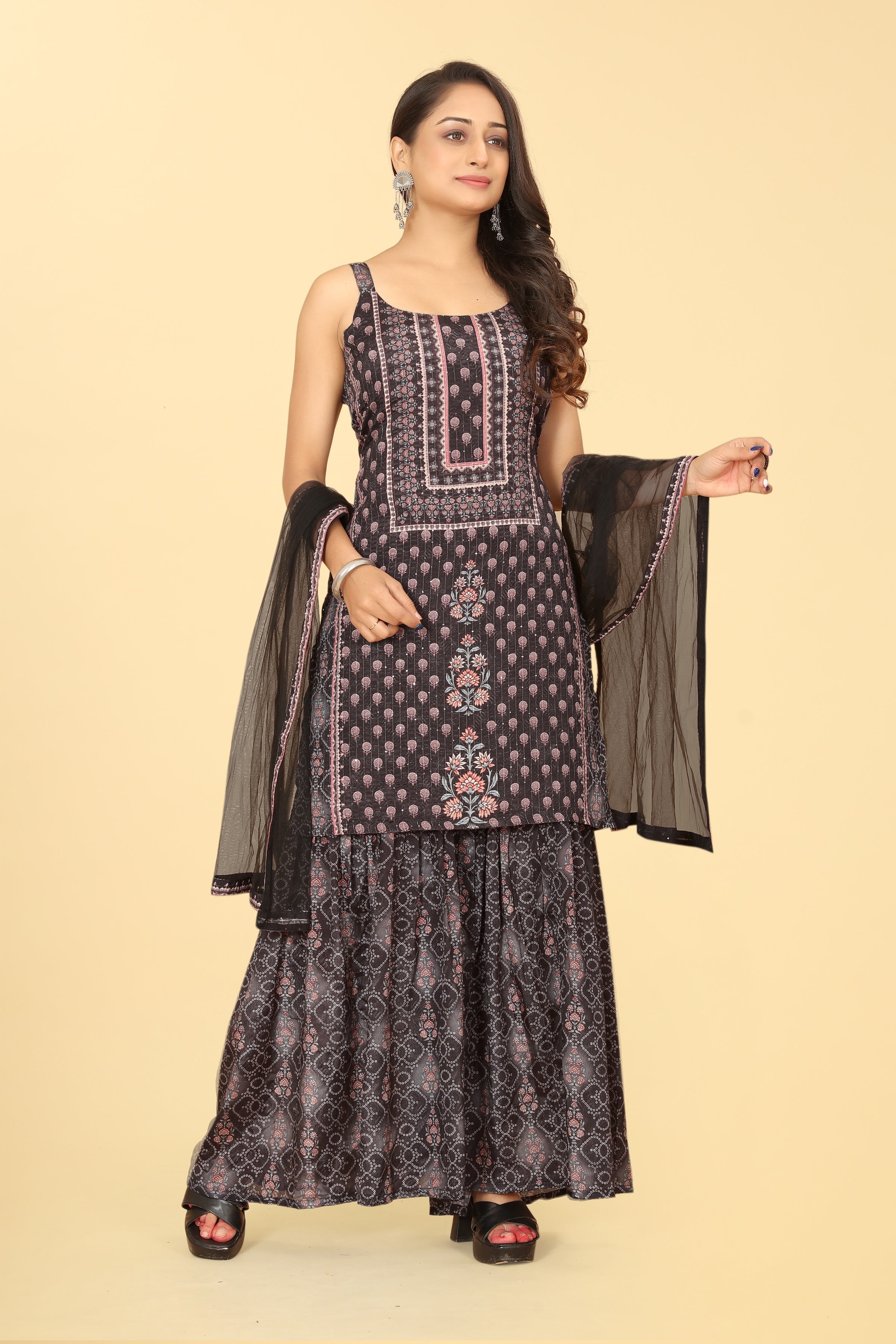 Black Viscose Chinon Digital Printed Sharara Salwar Suit With Dupatta