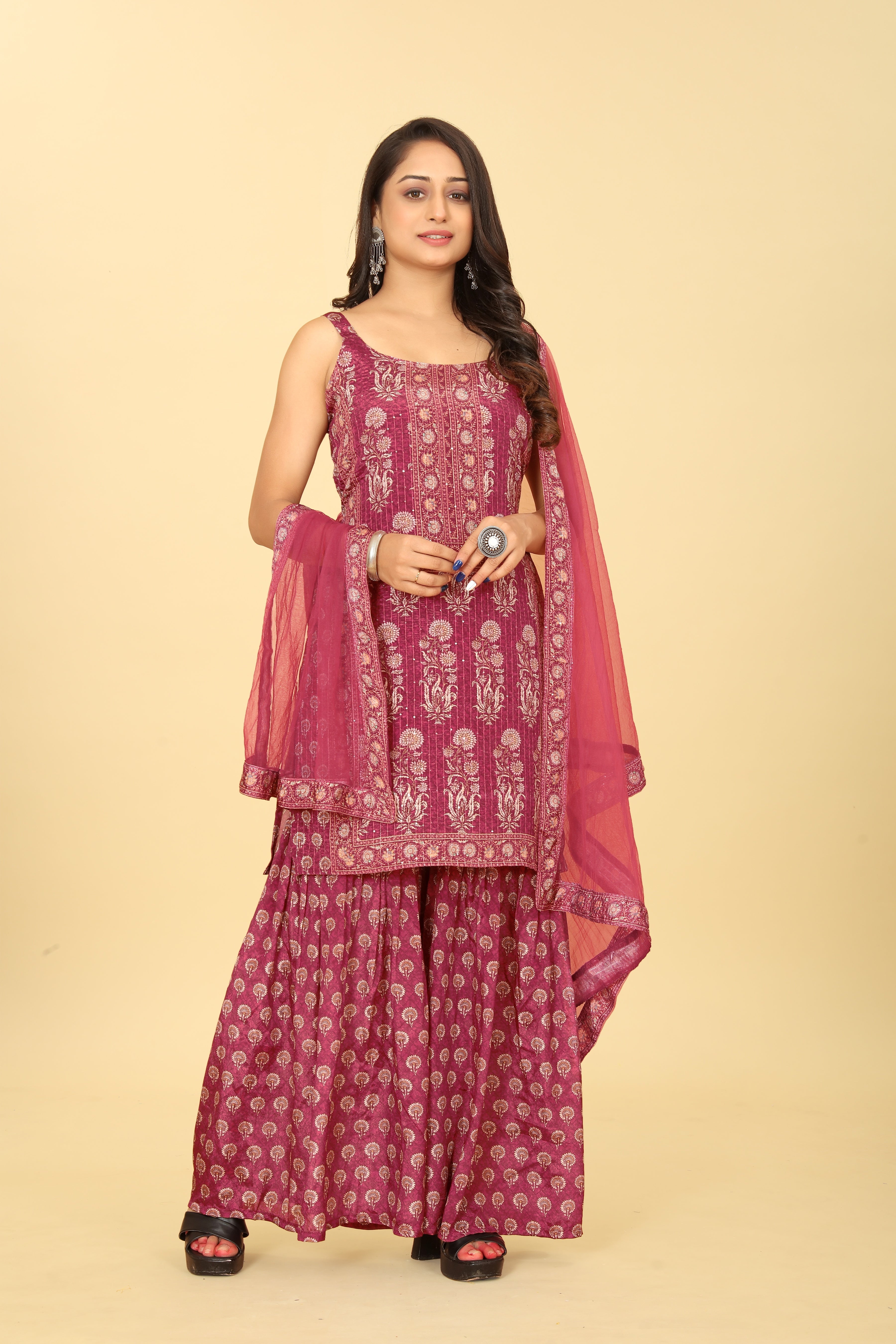 Maroon Viscose Chinon Digital Printed Sharara Salwar Suit With Dupatta