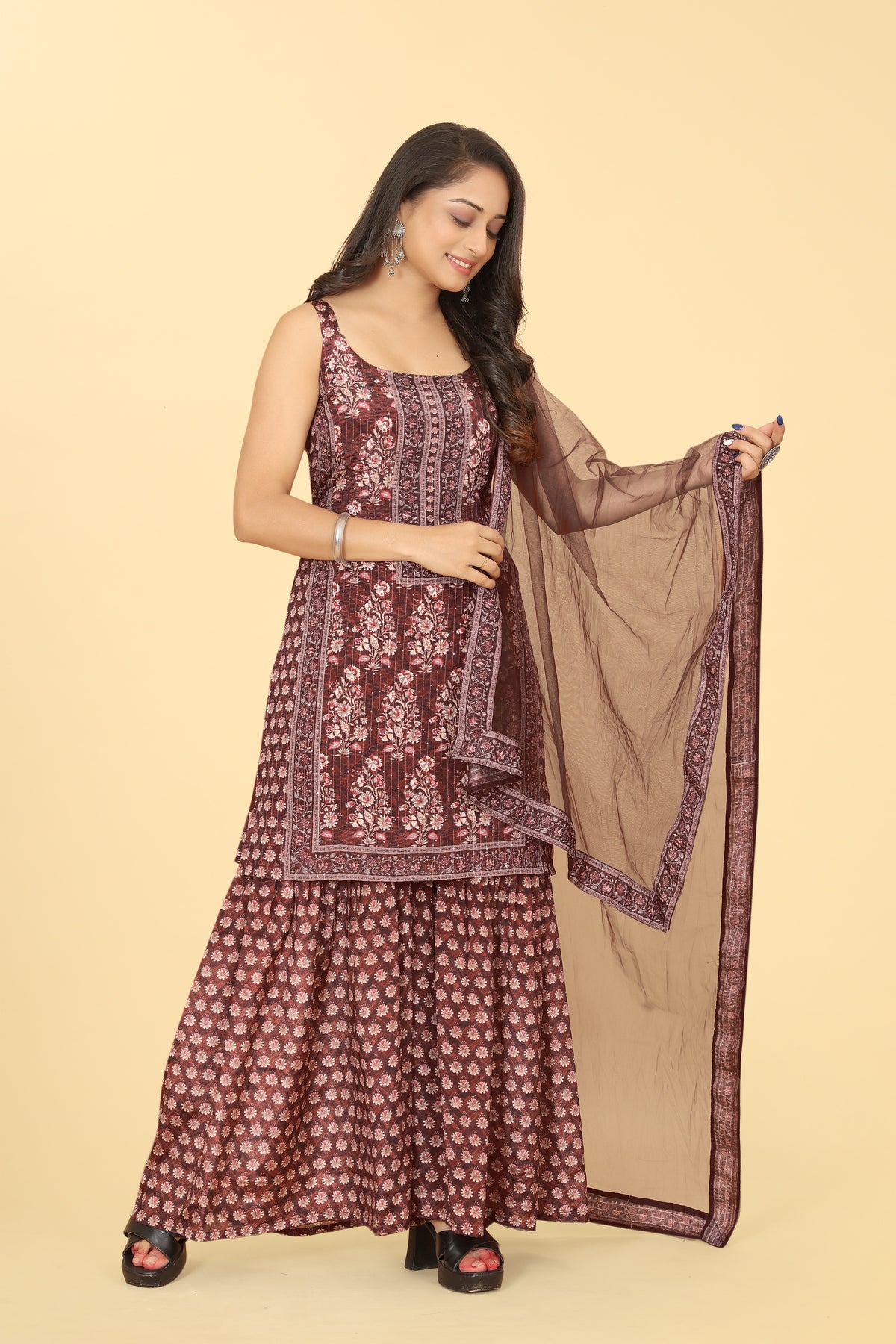 Coffee Viscose Chinon Digital Printed Sharara Salwar Suit With Dupatta