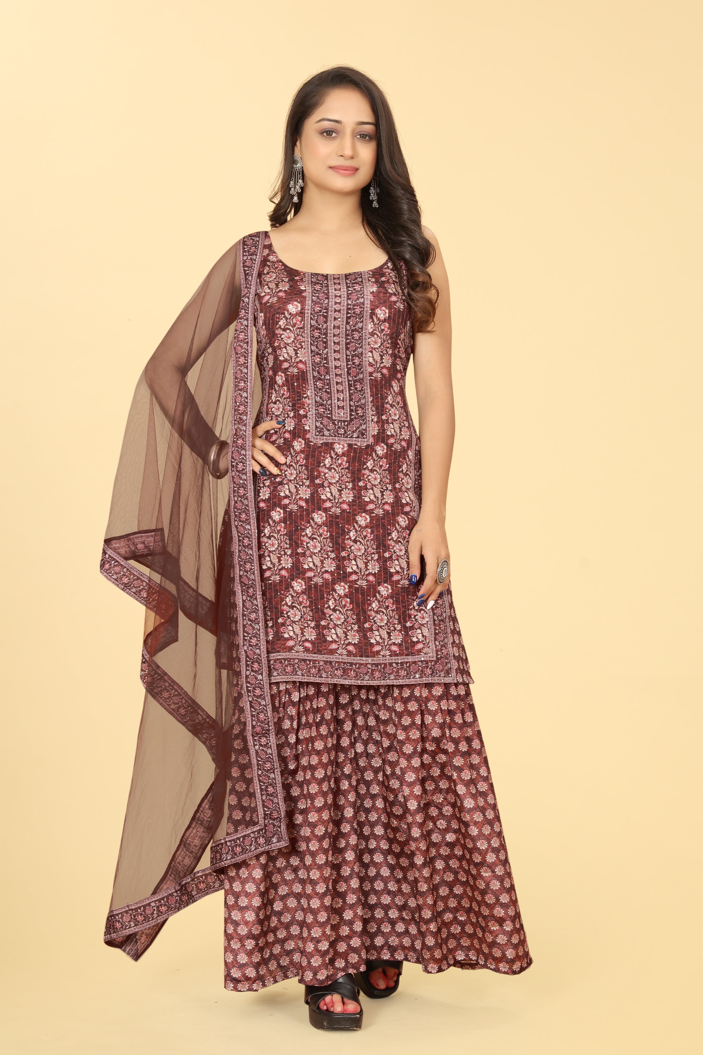 Coffee Viscose Chinon Digital Printed Sharara Salwar Suit With Dupatta