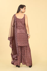 Coffee Viscose Chinon Digital Printed Sharara Salwar Suit With Dupatta