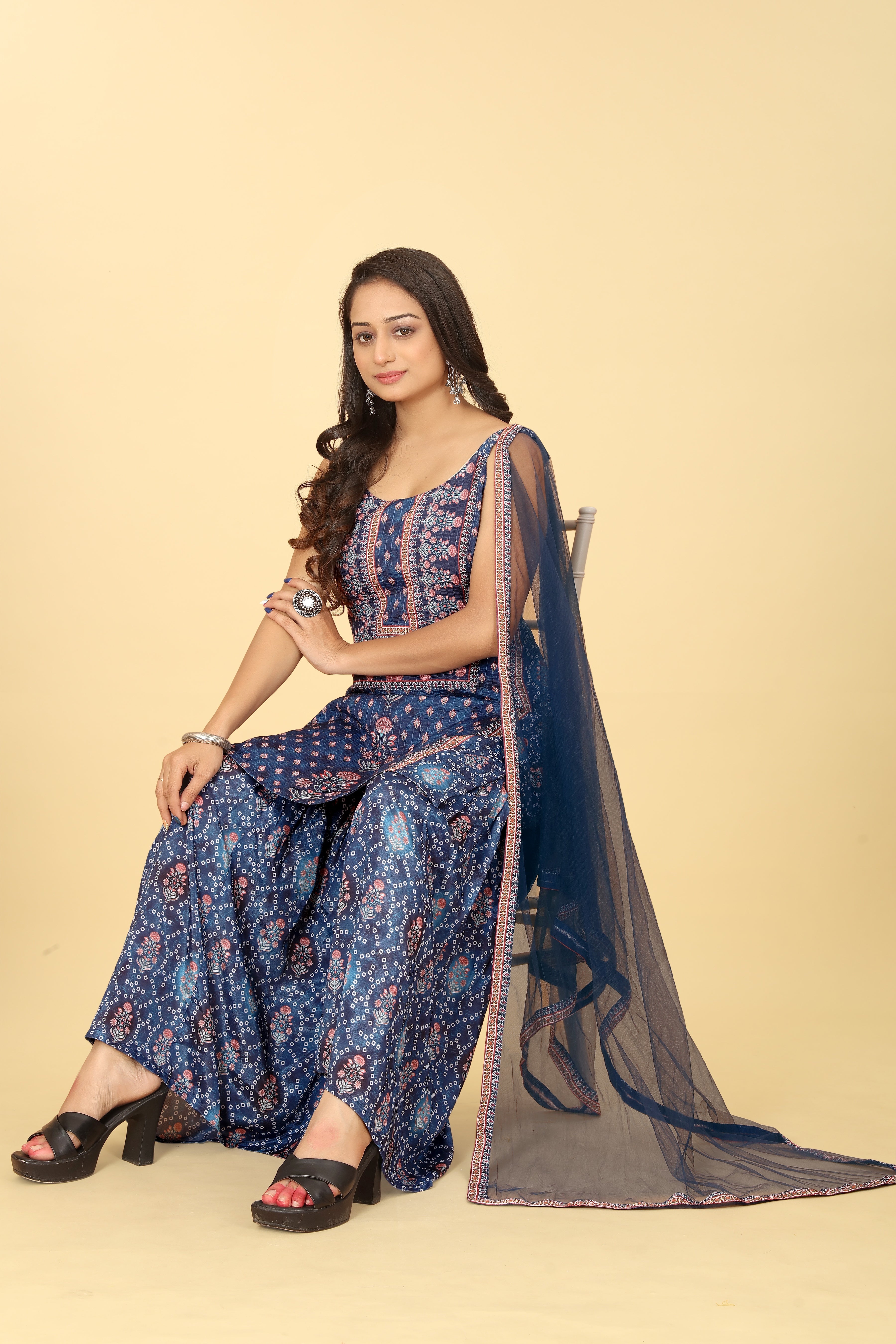 Blue Viscose Chinon Digital Printed Sharara Salwar Suit With Dupatta