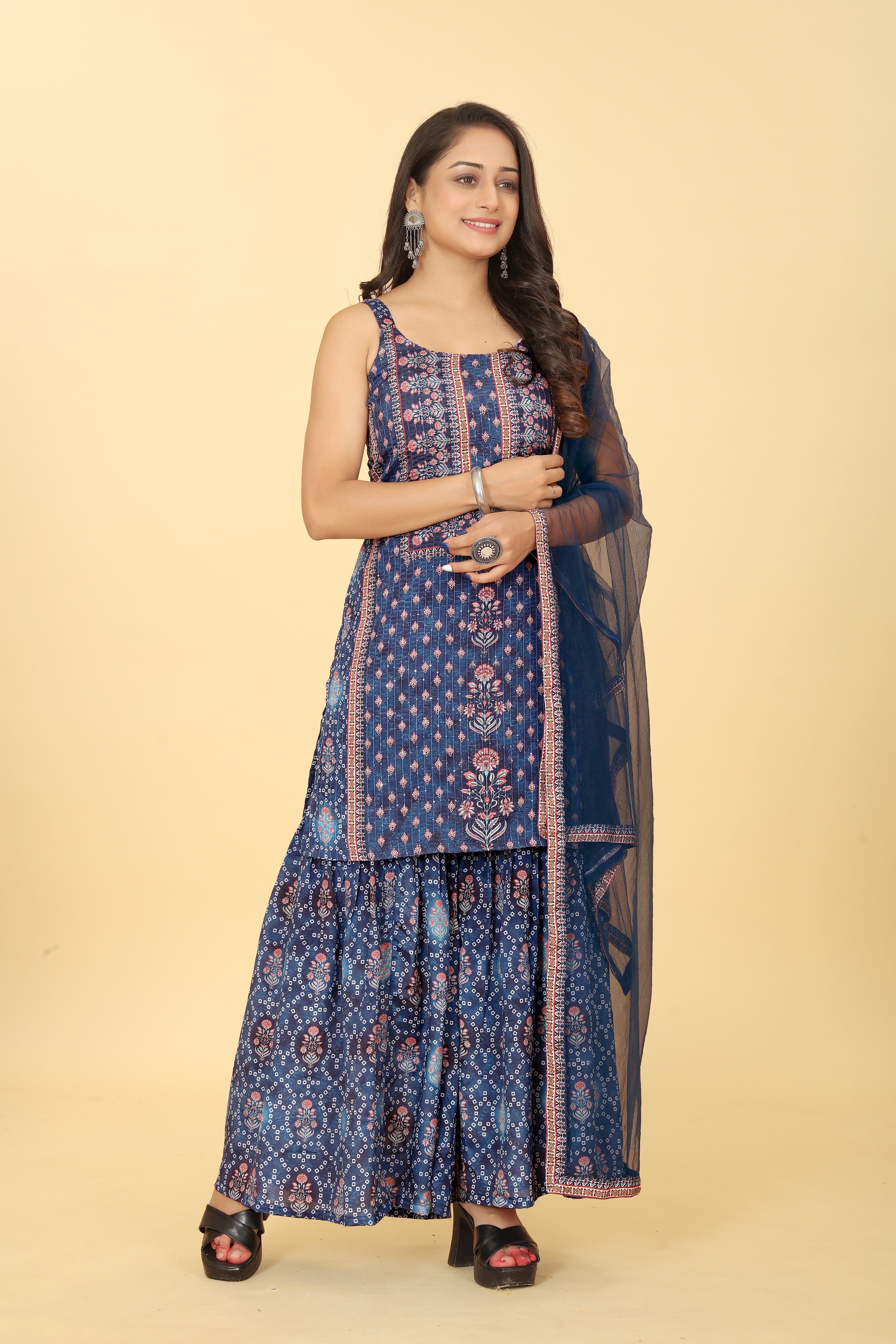 Blue Viscose Chinon Digital Printed Sharara Salwar Suit With Dupatta