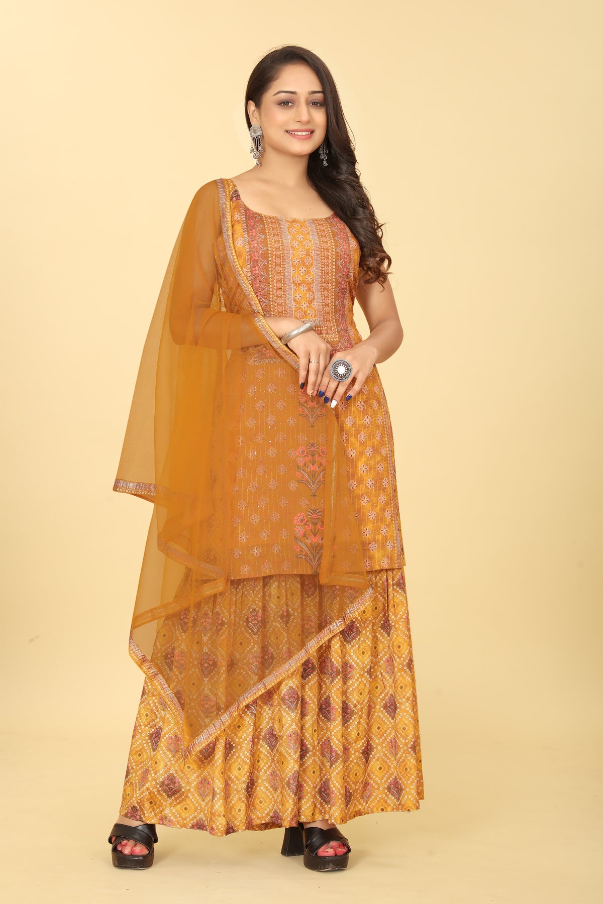 Mustard Viscose Chinon Digital Printed Sharara Salwar Suit With Dupatta