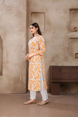 Yellow Colored Cotton Digital Printed Chikankari Long Kurti With Pant