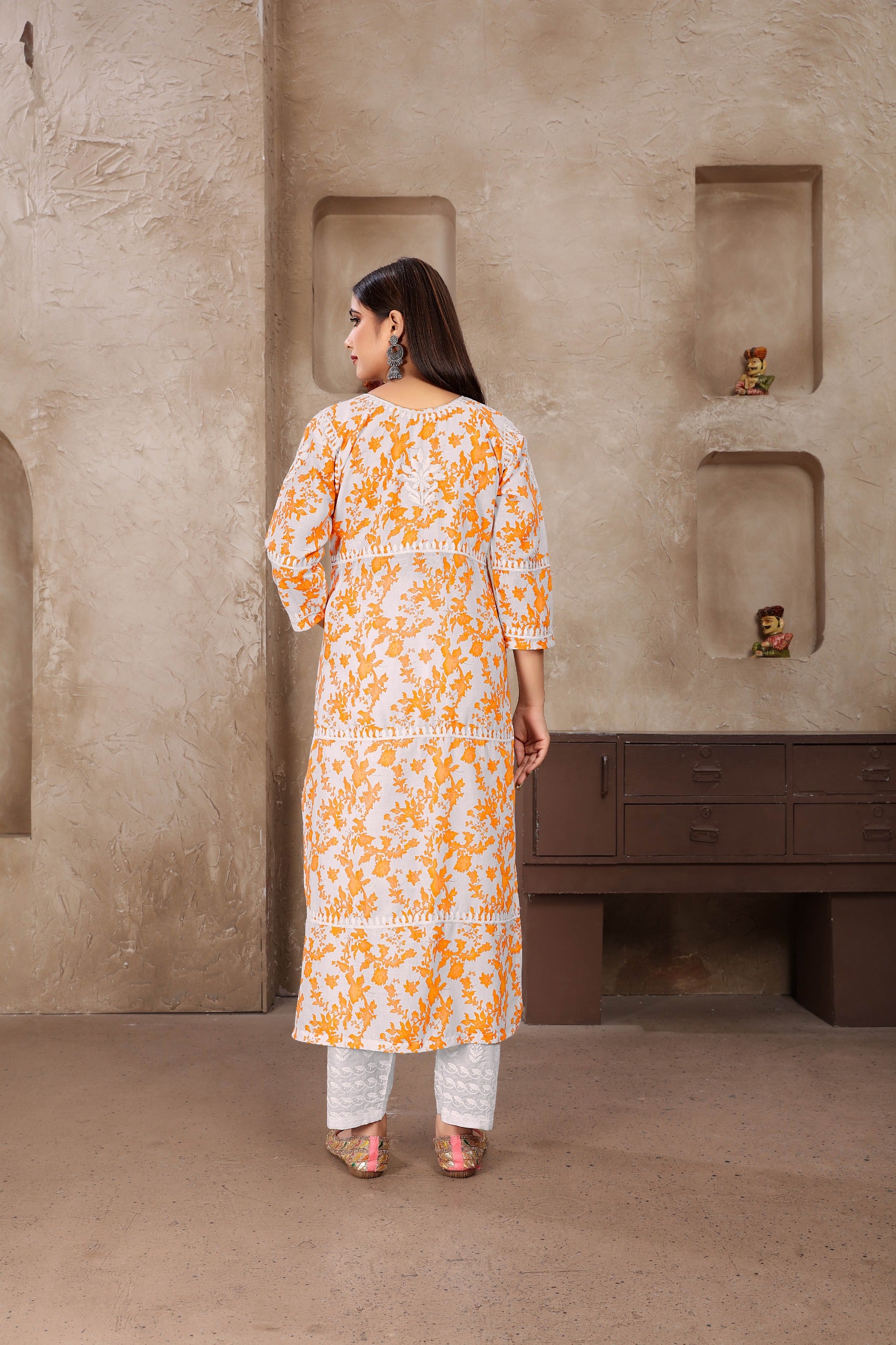 Yellow Colored Cotton Digital Printed Chikankari Long Kurti With Pant