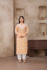 Yellow Cotton Digital Printed Chikankari  Kurti With Pant