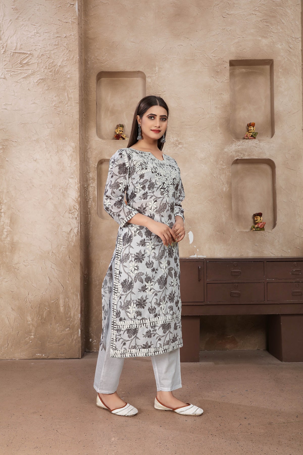 Grey Cotton Digital Printed Chikankari  Kurti With Pant