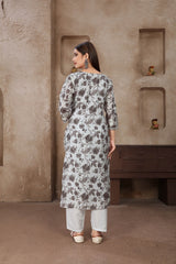 Chikankari Kurti imprimé numérique en coton gris avec pantalon