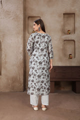 Grey Colored Cotton Digital Printed Chikankari  Long Kurti With Pant