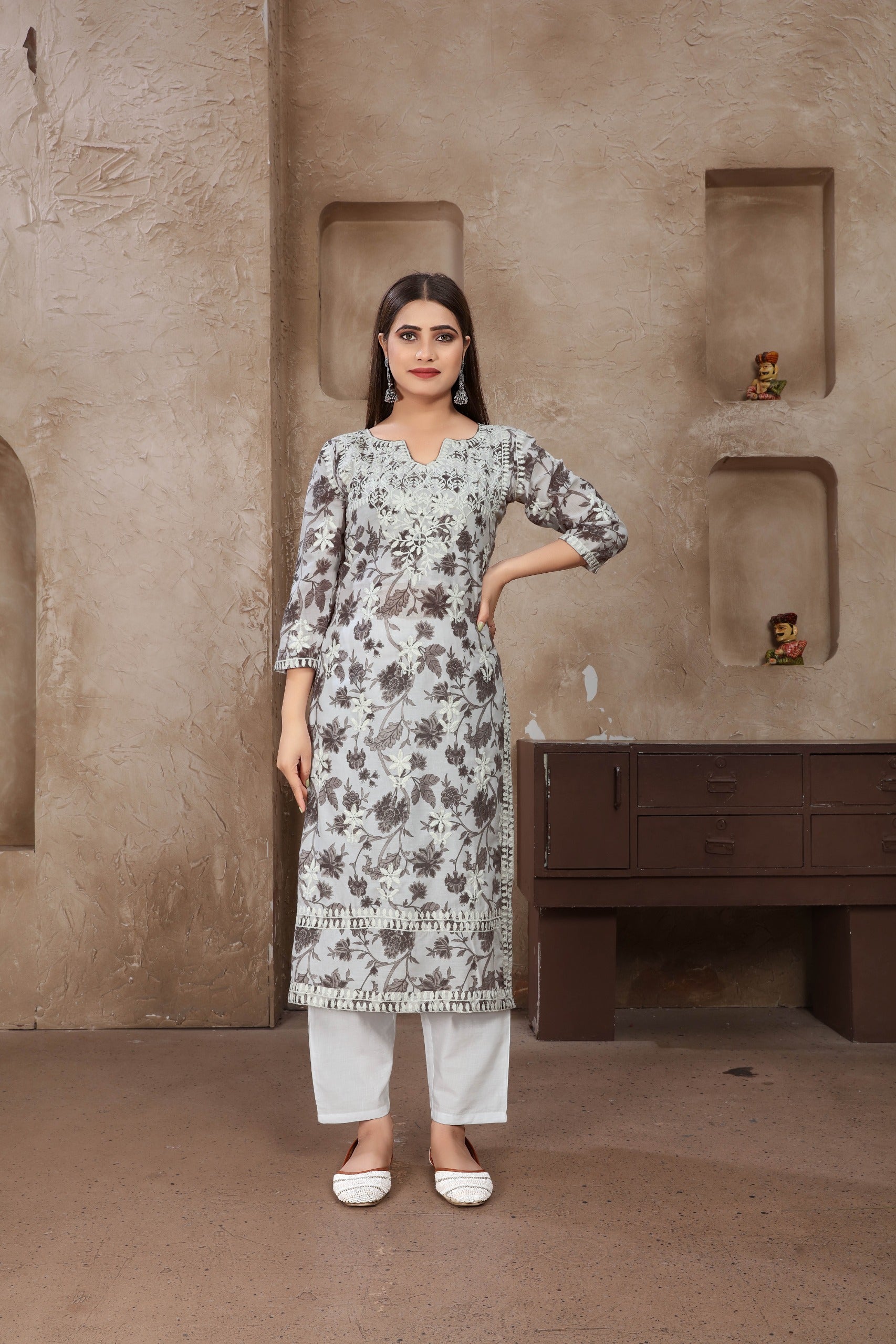 Grey Colored Cotton Digital Printed Chikankari  Long Kurti With Pant