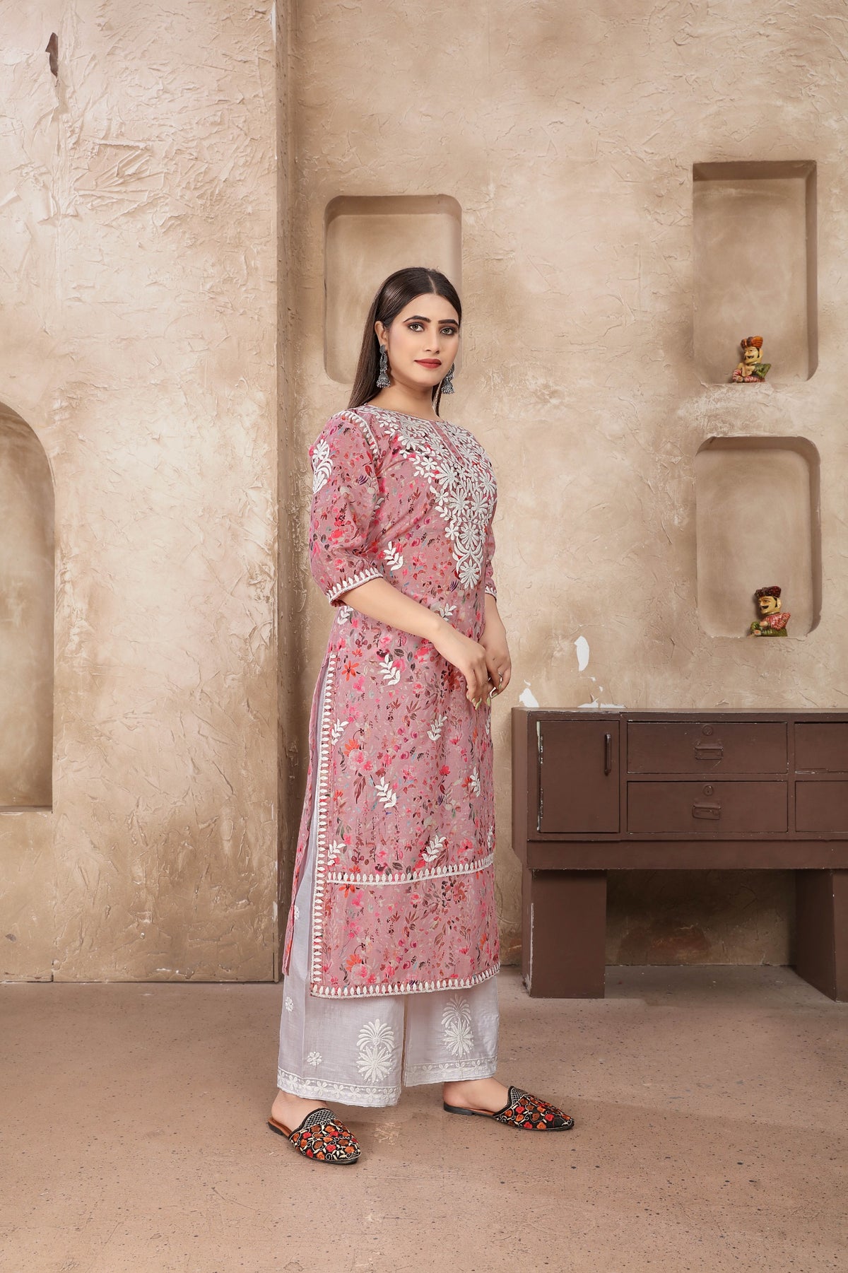 Pink Colored Cotton Digital Printed Chikankari  Long Kurti With Pant